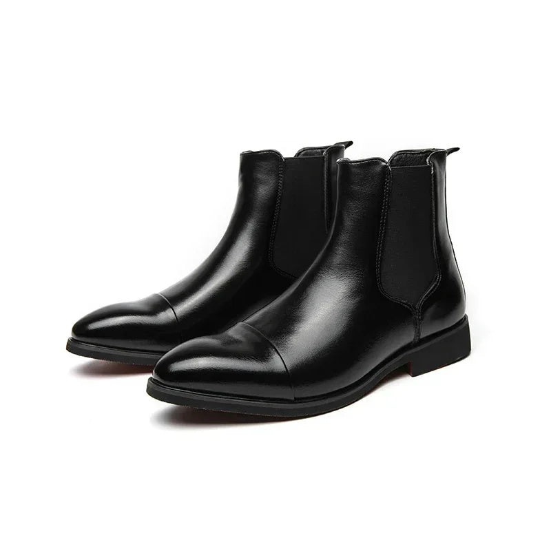 Black faux leather Chelsea boots with elastic side panels, shown as a pair | Chaps London