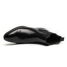 Black faux leather Chelsea boot shown in side profile, elastic panel detail | Chaps London