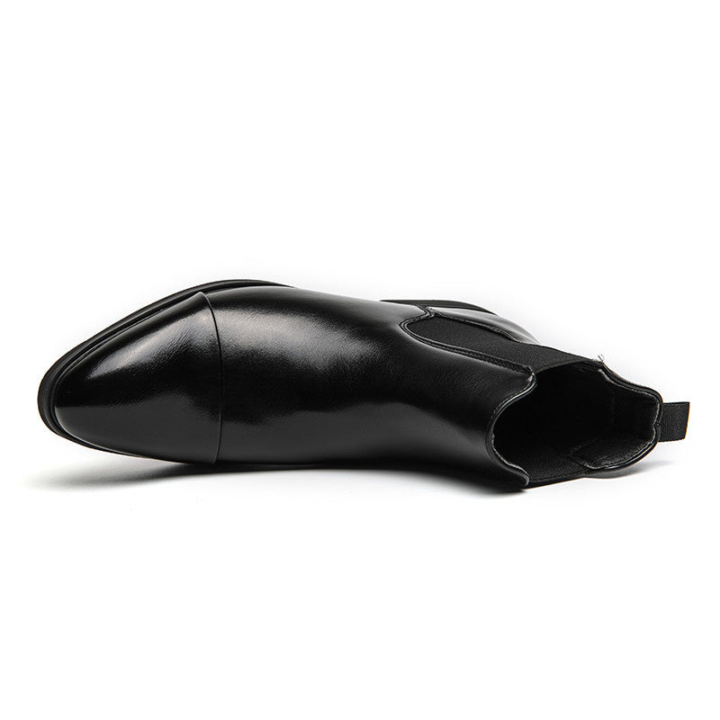 Black faux leather Chelsea boot shown in side profile, elastic panel detail | Chaps London