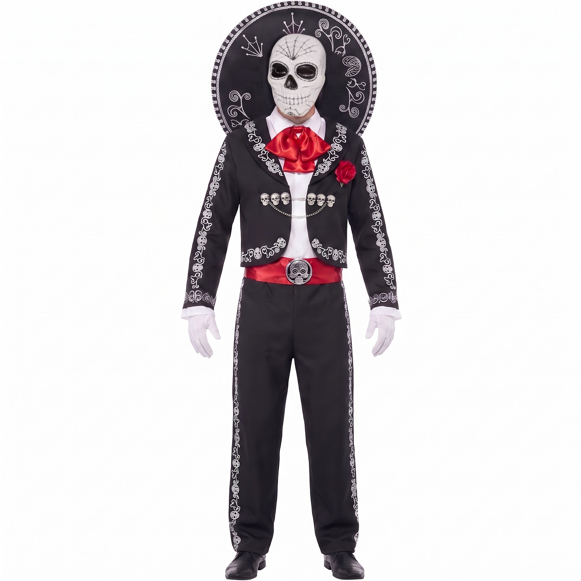 Man wearing black Day of the Dead mariachi costume with sombrero, red cravat, white skull mask and white gloves | Chaps London