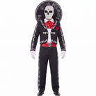 Man wearing black Day of the Dead mariachi costume with sombrero, red cravat, white skull mask and white gloves | Chaps London