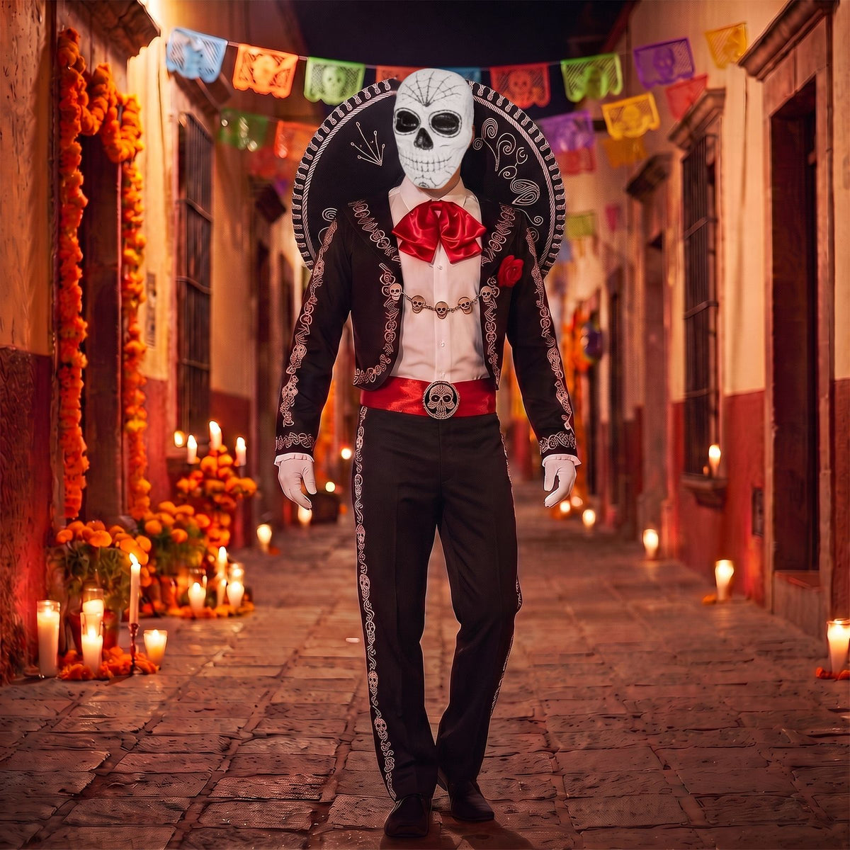 Man wearing black Day of the Dead costume with sombrero and white skull mask in a candlelit street | Chaps London