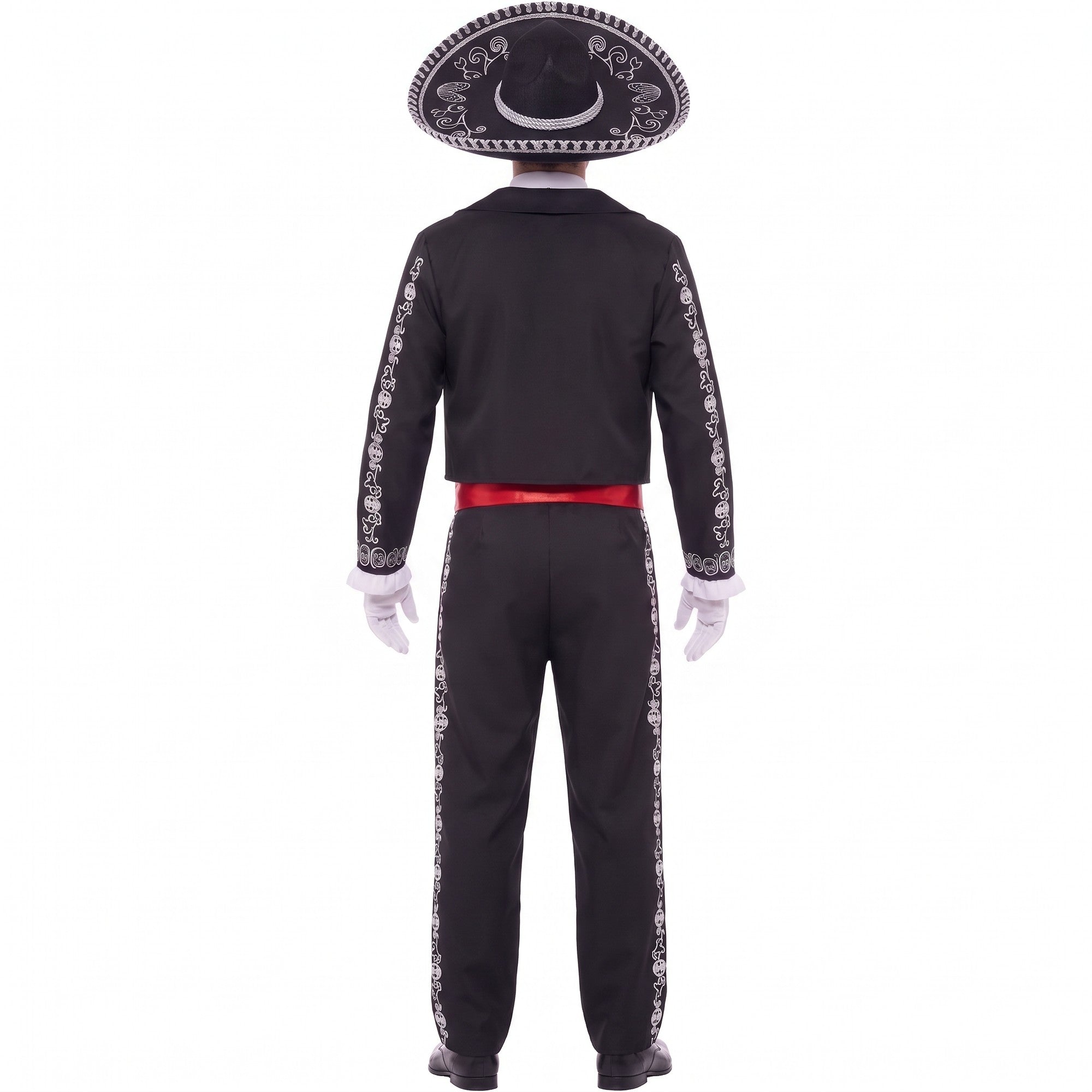 Back view of black Day of the Dead mariachi costume with embroidered sombrero, red sash, embroidered trousers and white gloves | Chaps London
