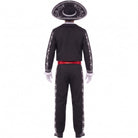 Back view of black Day of the Dead mariachi costume with embroidered sombrero, red sash, embroidered trousers and white gloves | Chaps London