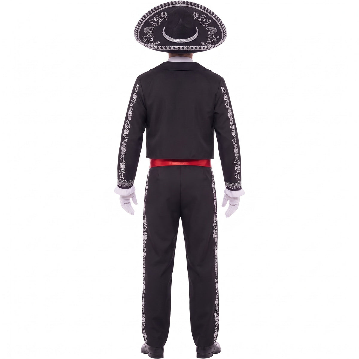 Back view of black Day of the Dead mariachi costume with embroidered sombrero, red sash, embroidered trousers and white gloves | Chaps London
