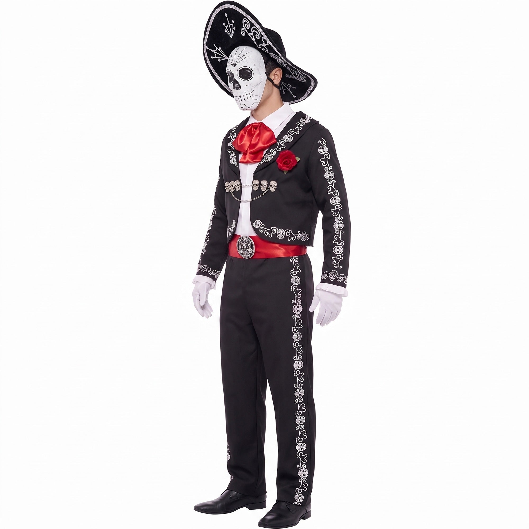 Man in black Day of the Dead mariachi costume with white skull mask, sombrero, red cravat, skull buckle and white gloves, side view | Chaps London