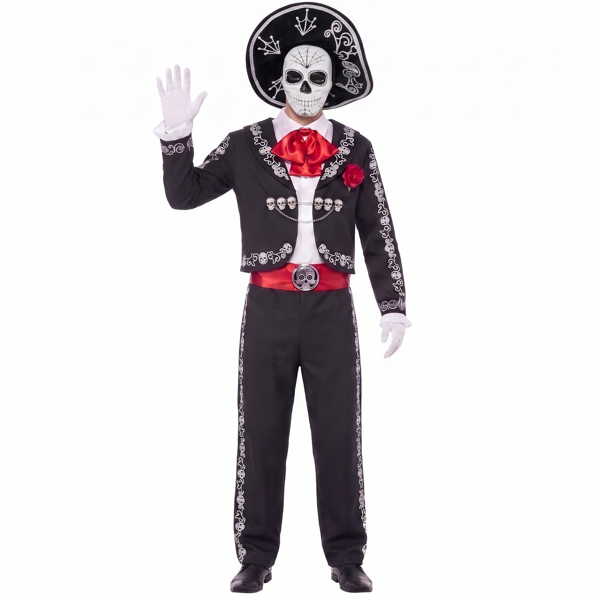 Man in black Day of the Dead mariachi costume with white skull mask, sombrero and white gloves waving | Chaps London