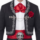 Close-up of black embroidered Day of the Dead jacket with silver skull chain, red rose, red cravat and red sash with skull buckle | Chaps London