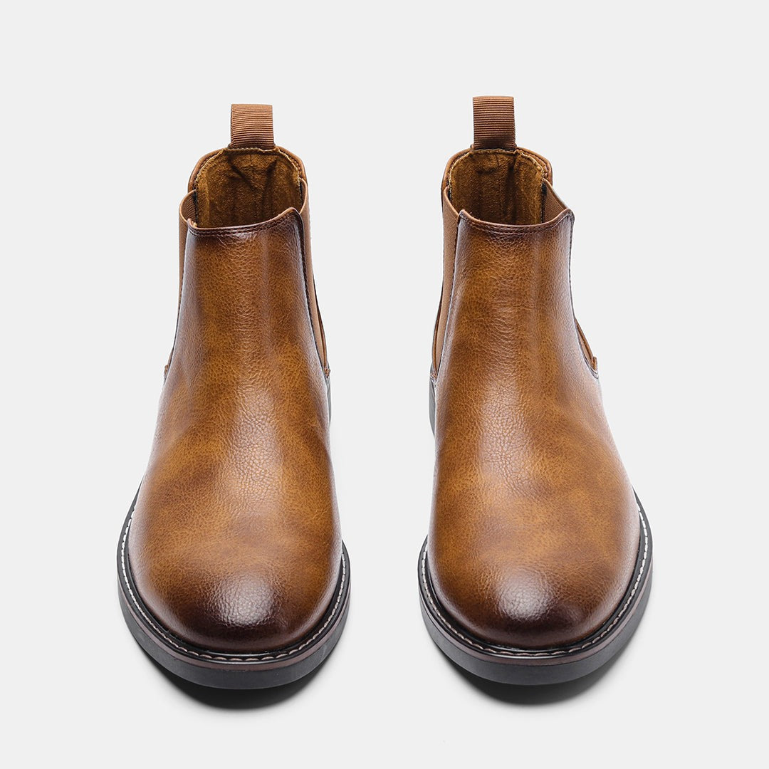 Brown leather Chelsea boots with pull tabs, front view, pair shown | Chaps London