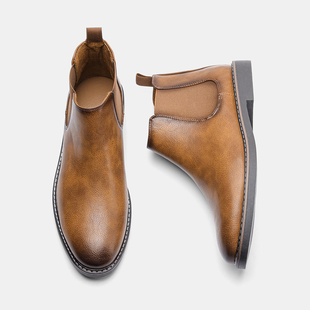 Brown leather Chelsea boots pair, top and side view, flat lay | Chaps London