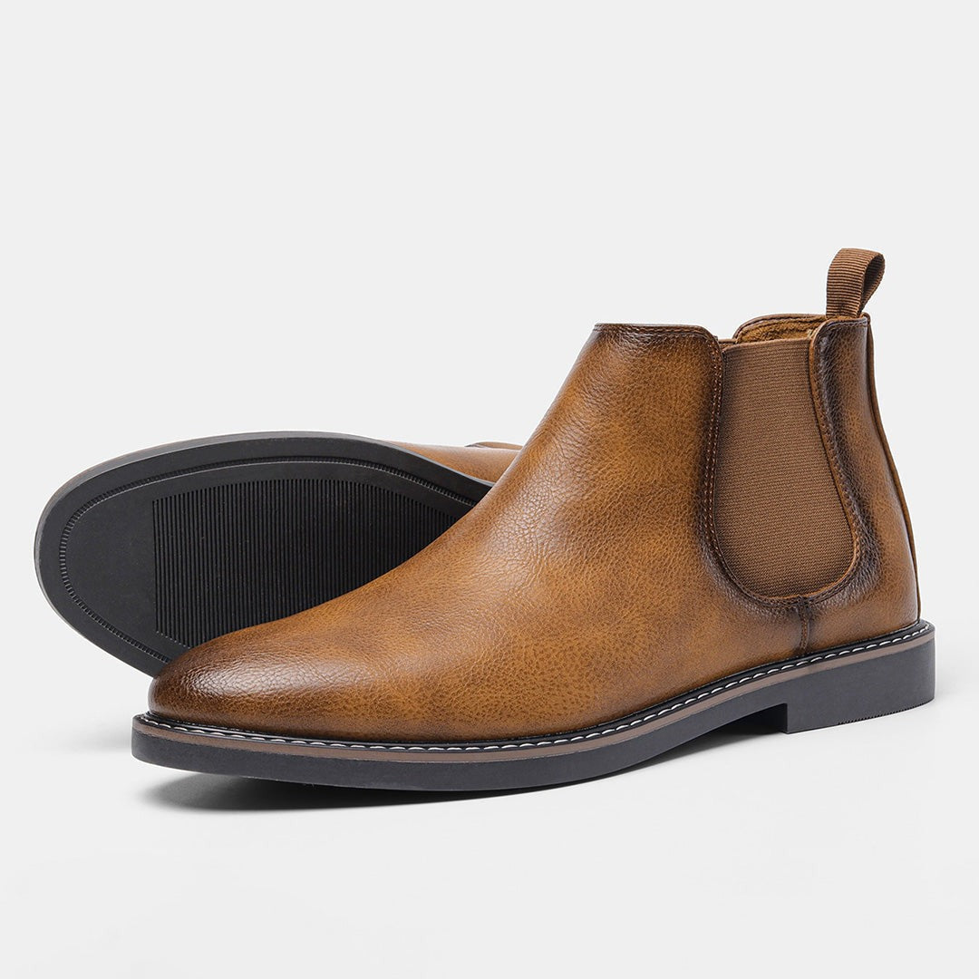 Brown leather Chelsea boots pair with elastic side panels, shown unworn | Chaps London