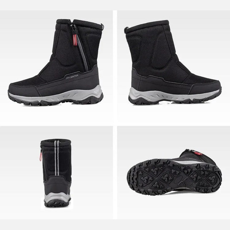 Black winter boot shown from four angles with zipper and tread detail | Chaps London