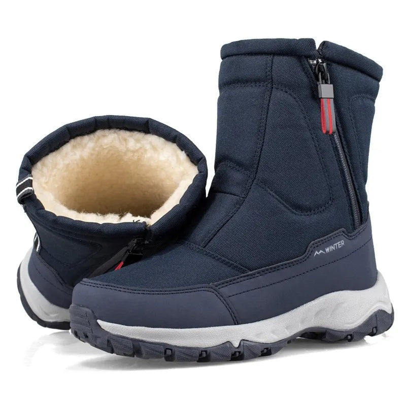 Navy blue winter boots with fleece lining, shown paired, unworn | Chaps London