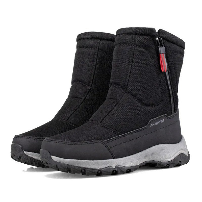 Black winter boots with red zipper pull, pair shown together | Chaps London