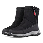 Black winter boots with red zipper pull, pair shown together | Chaps London