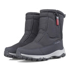 Gray mid-calf winter boots with side zipper and textured non-slip sole, pair shown | Chaps London