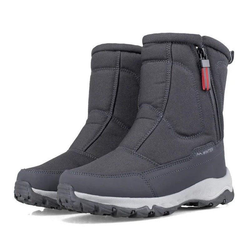 Gray mid-calf winter boots with side zipper and textured non-slip sole, pair shown | Chaps London
