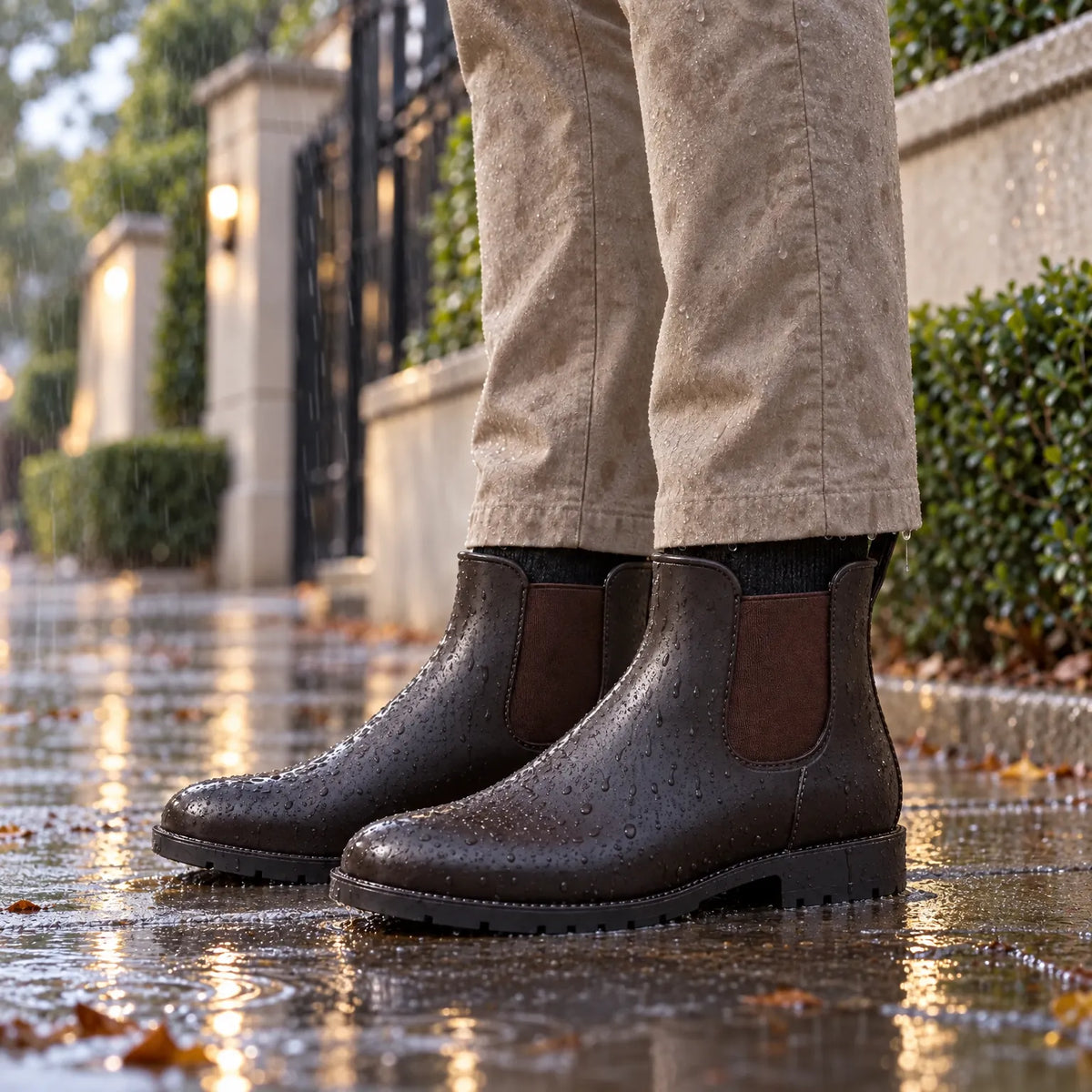 Brown Chelsea wellies with beige chinos on a wet pavement