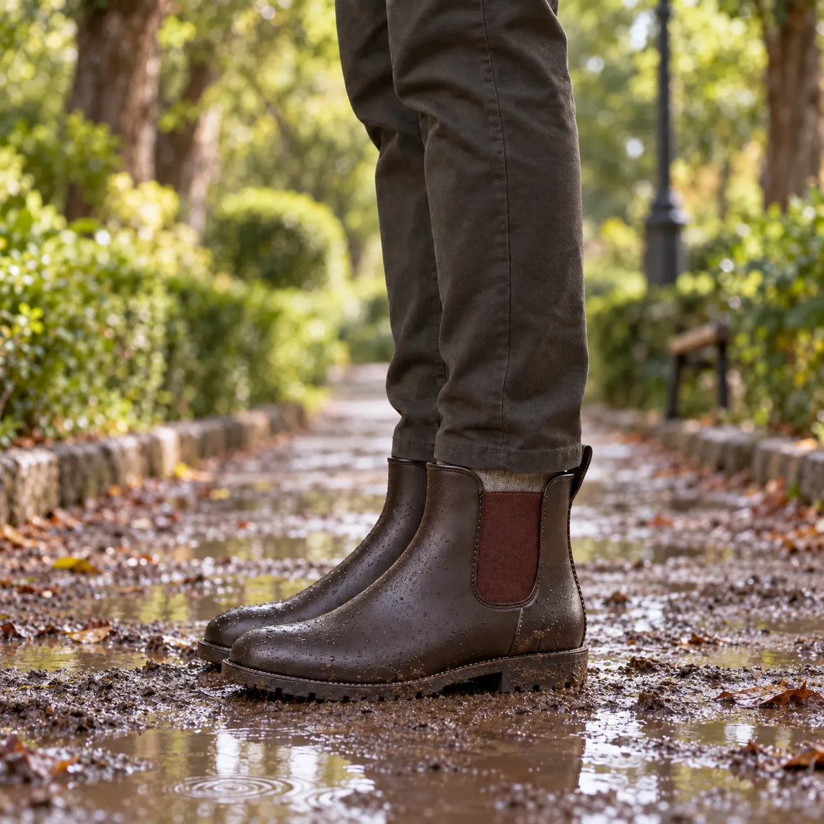 Brown Chelsea wellies on a wet park path with autumn leaves