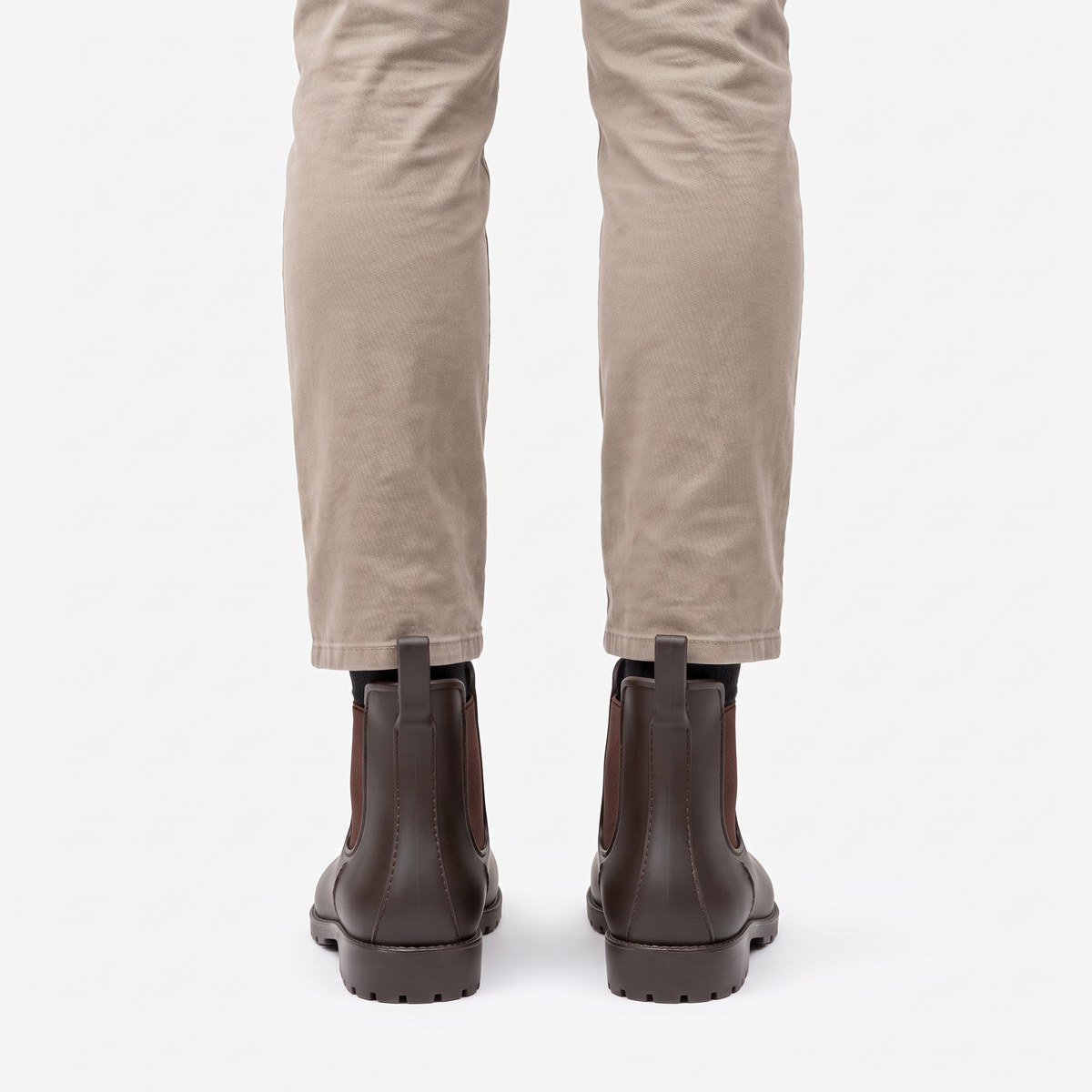 Brown Chelsea wellies from behind showing the pull tabs