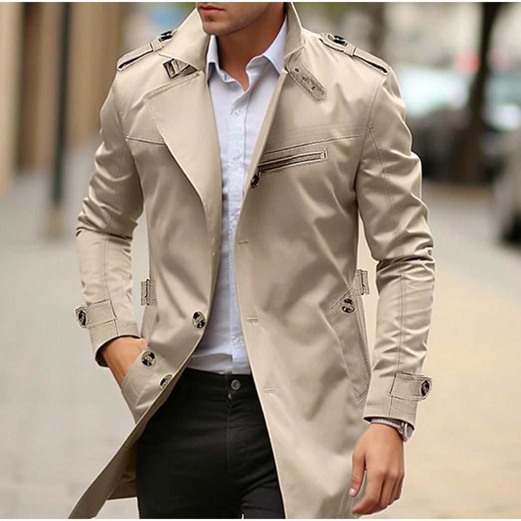 Beige double-breasted trench coat with epaulettes worn by man outdoors | Chaps London