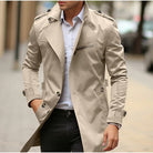 Beige double-breasted trench coat with epaulettes worn by man outdoors | Chaps London