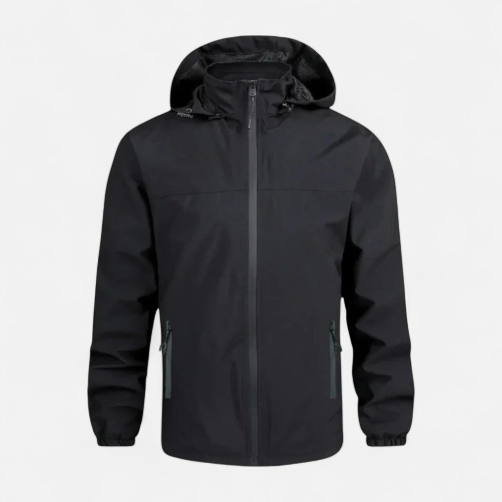Black hooded windbreaker jacket with zip pockets, shown flat on background | Chaps London