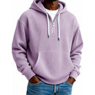 Man wearing lavender ribbed half-zip hoodie with front pocket and drawstrings | Chaps London