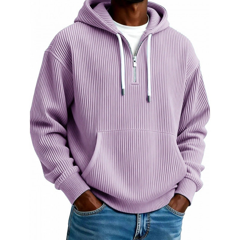Man wearing lavender ribbed half-zip hoodie with front pocket and drawstrings | Chaps London