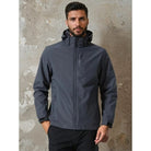 Man wearing dark gray hooded waterproof jacket with zip pockets, front view | Chaps London