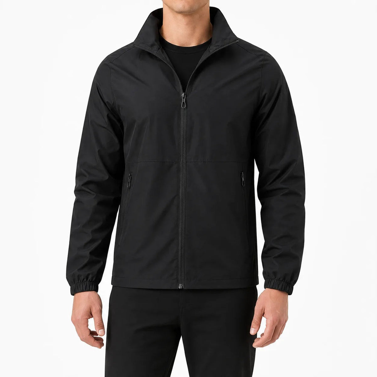 Man wearing black zip-up rain jacket with high collar and pockets | Chaps London