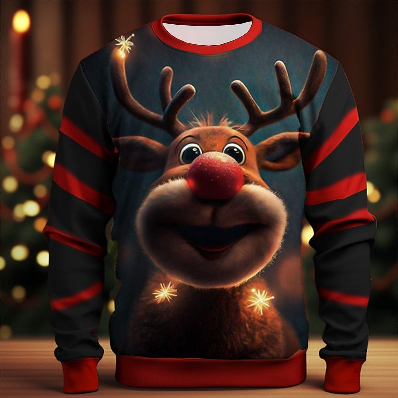 Black sweatshirt with cartoon reindeer graphic and red striped sleeves, worn flat | Chaps London