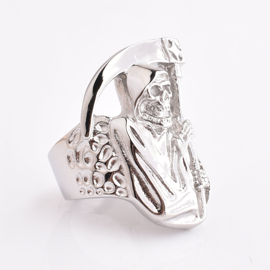 Silver-tone ring featuring seated Grim Reaper design with scythe, shown flat | Chaps London