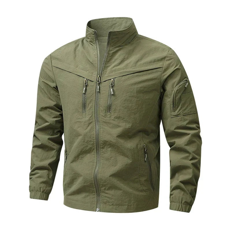 Olive green utility jacket with stand collar, worn by a person | Chaps London