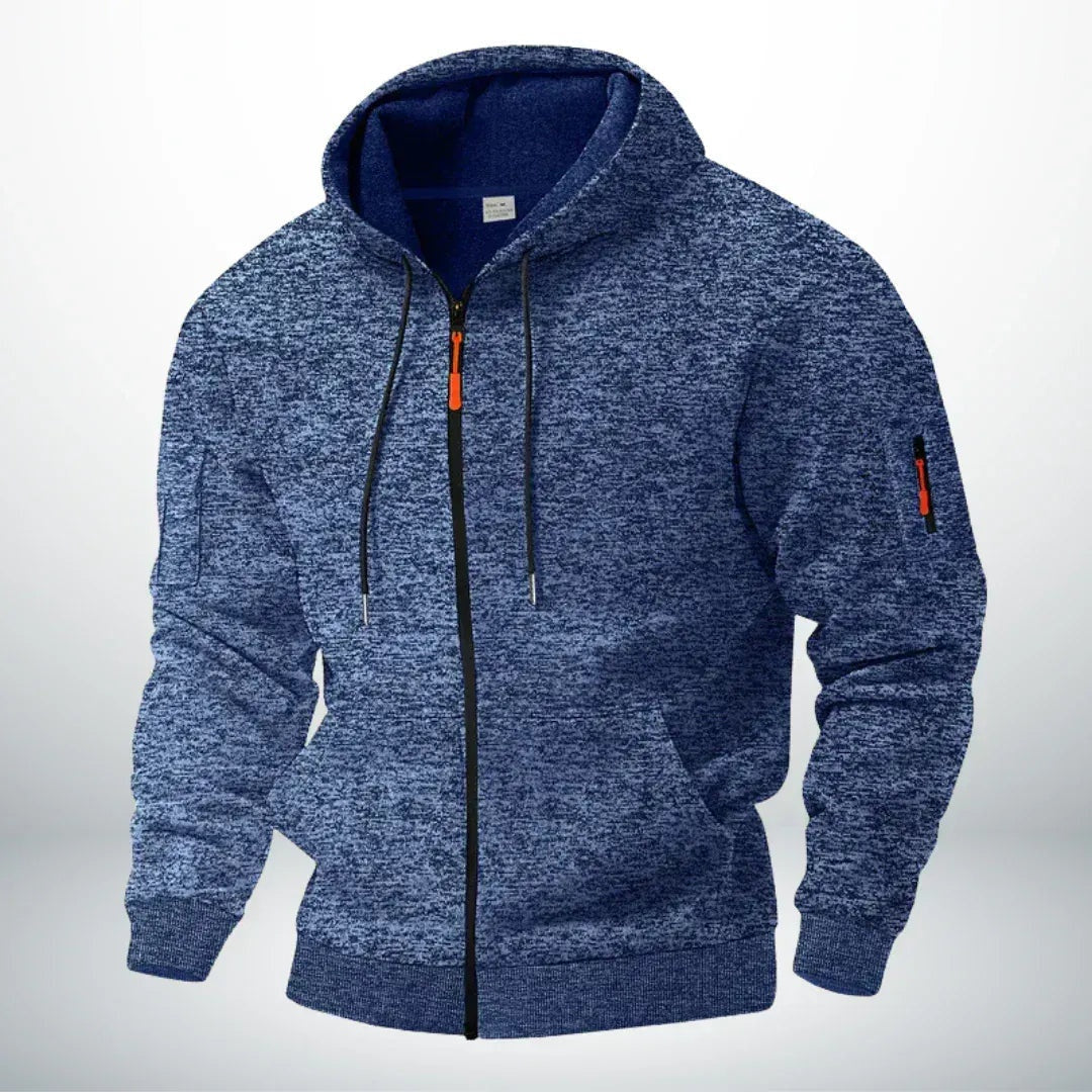 Blue marl zip-up hoodie with sleeve pocket, shown on mannequin | Chaps London