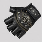 Black fingerless biker glove with skull emblem, rivets, and mesh detailing shown flat | Chaps London