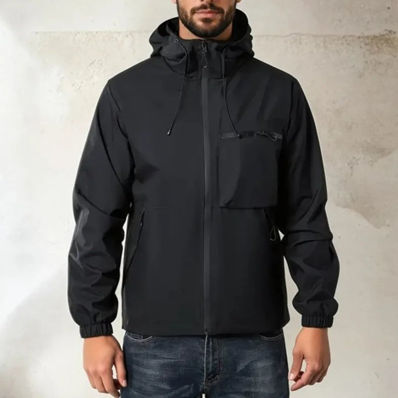 Man wearing black hooded rain jacket with chest and side pockets | Chaps London