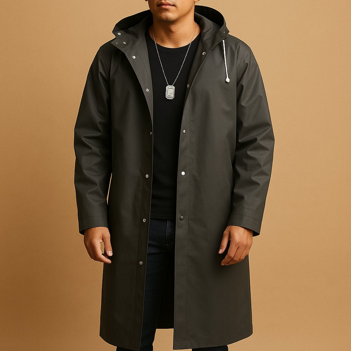 Man wearing dark olive hooded long raincoat with snap front, worn on model | Chaps London