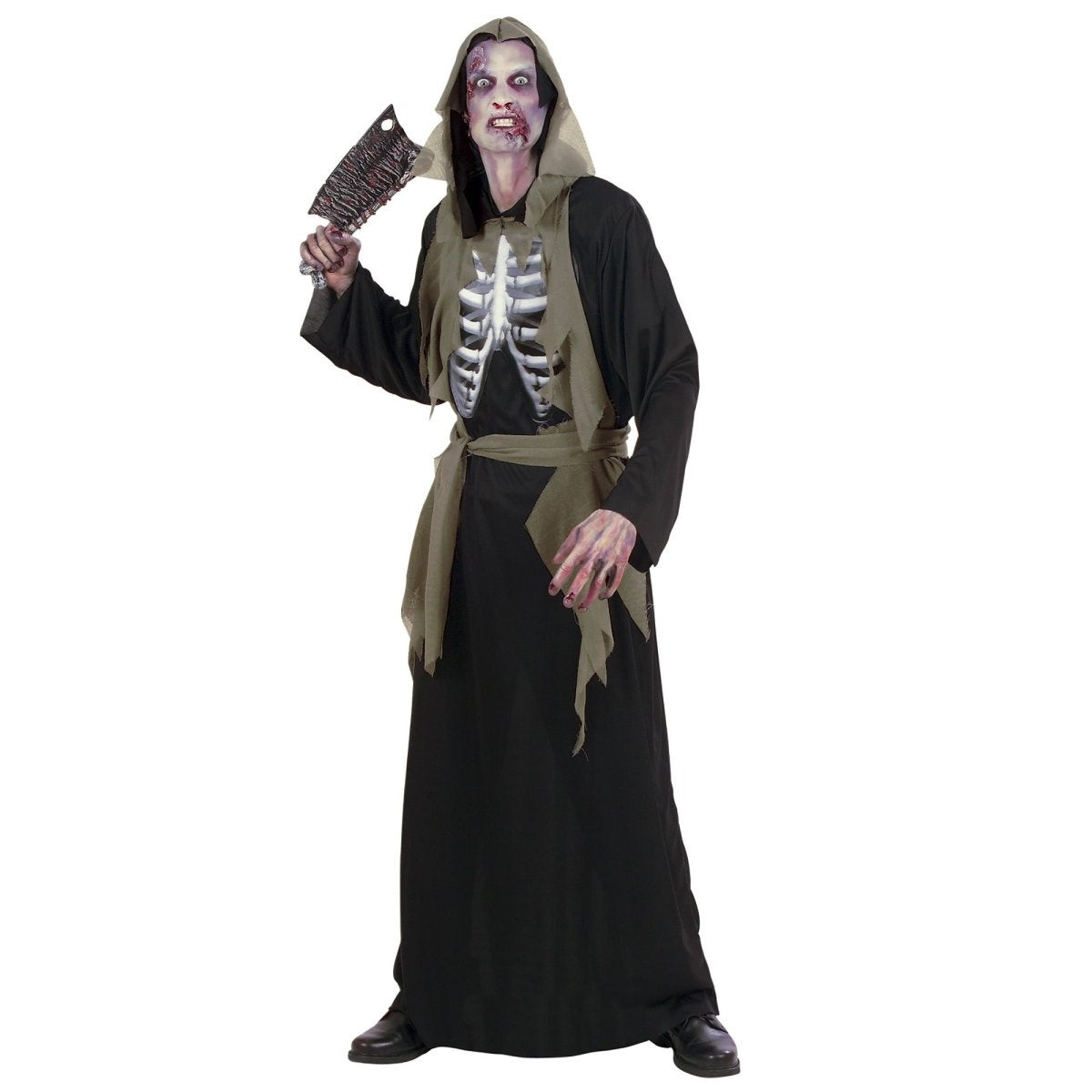 Man wearing black hooded robe with holographic ribcage design and belt | Chaps London