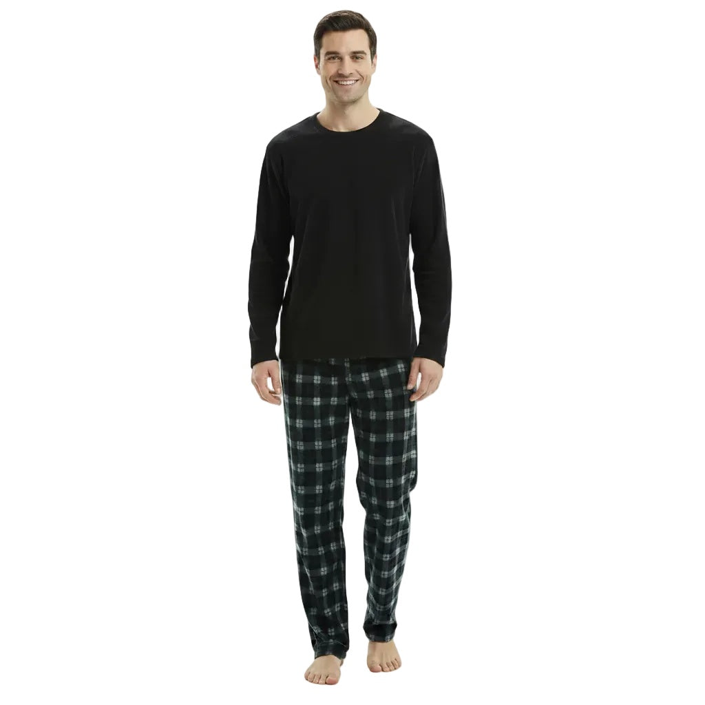 Men's Fleece Pyjamas | Check Trousers | Black