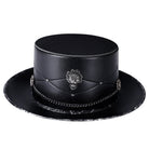 Black gothic top hat with skull emblem, chain, and studs, flat-laid | Chaps London