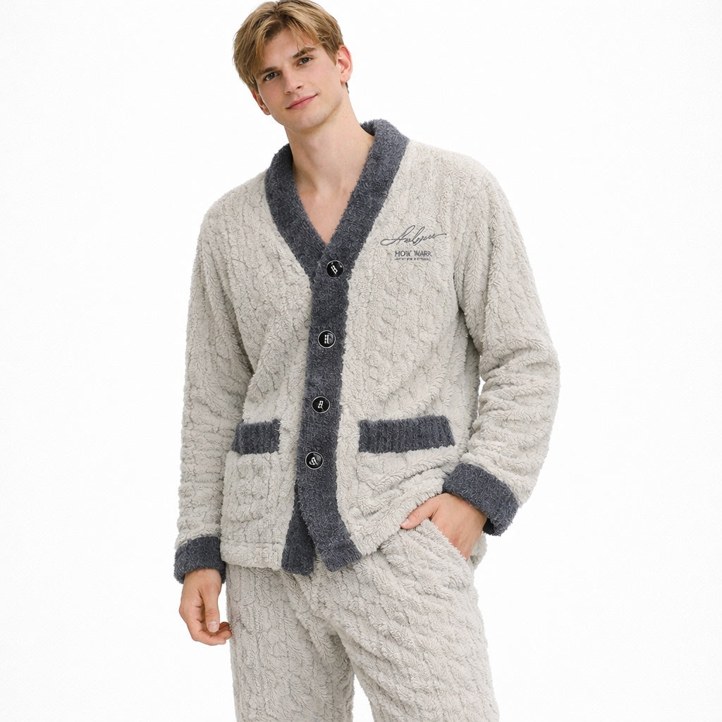 Man wearing grey textured fleece cardigan and pants pajama set | Chaps London