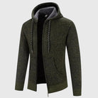 Green knitted zip-up hoodie with drawstrings, shown flat on white background | Chaps London