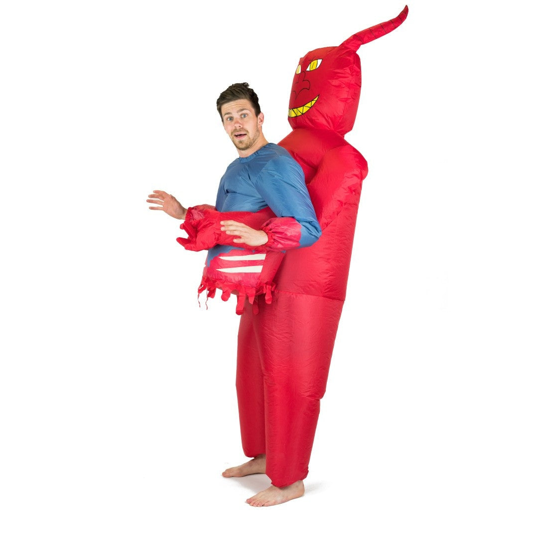 Man wearing red inflatable devil costume with horns, worn as novelty outfit | Chaps London