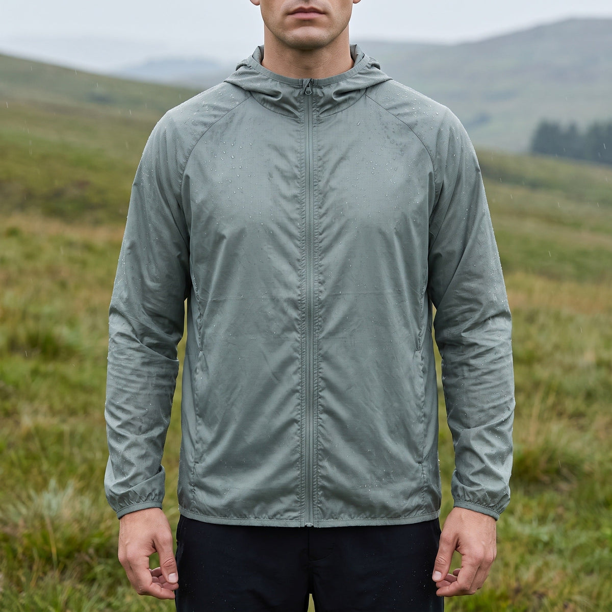 Man wearing sage green hooded windbreaker jacket, standing outdoors in grassy hills | Chaps London