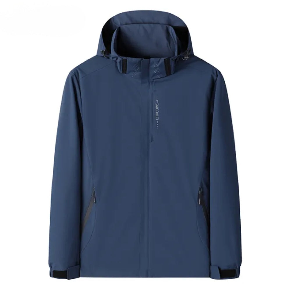 Navy blue hooded jacket with zip pockets, shown flat on mannequin form | Chaps London
