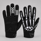Black gloves with white skeleton hand print, checkered fingertips, shown flat | Chaps London