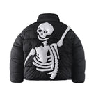 Black puffer jacket with raised white skeleton design, shown flat, back view | Chaps London