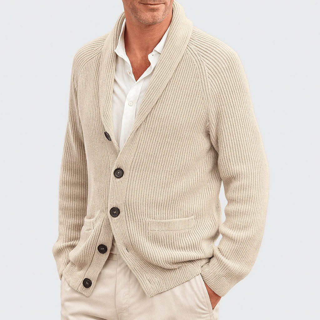 Man wearing beige ribbed knit shawl collar cardigan with buttons, worn open | Chaps London