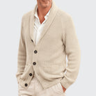 Man wearing beige ribbed knit shawl collar cardigan with buttons, worn open | Chaps London